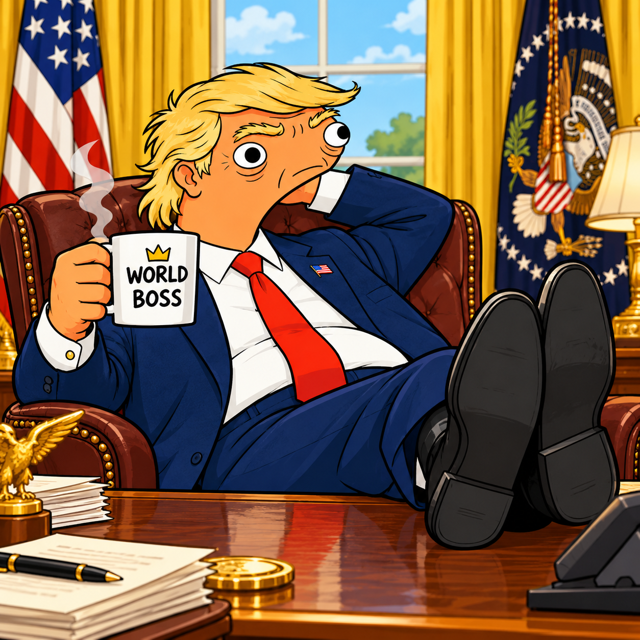 Dunald Tremp relaxing in the Oval Office with his feet on the desk and a World Boss coffee mug