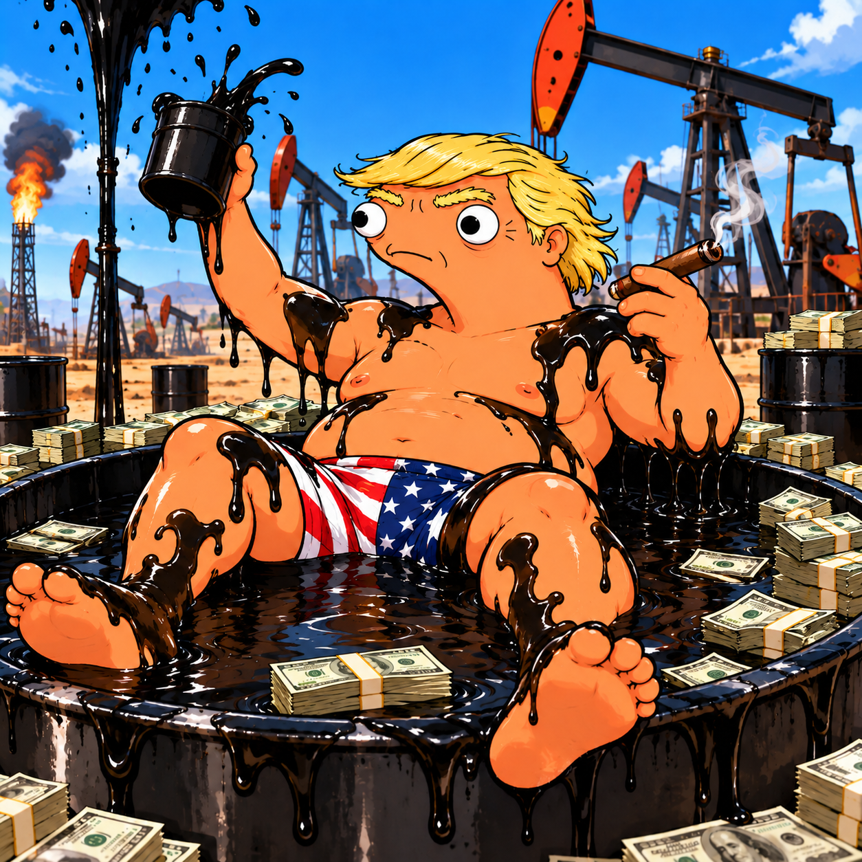 Dunald Tremp lounging in crude oil surrounded by cash and oil pumpjacks
