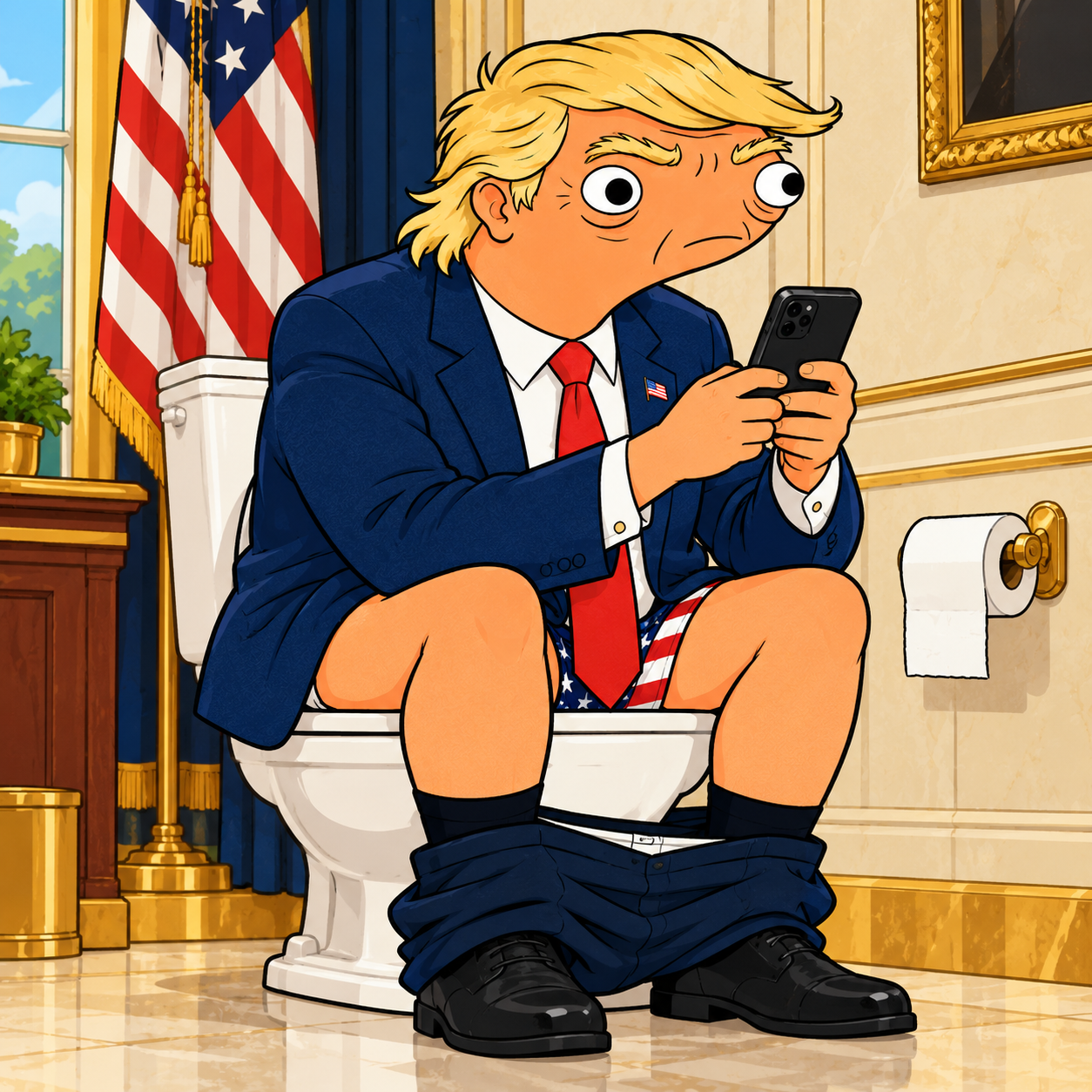 Dunald Tremp scrolling on his phone during a presidential bathroom break